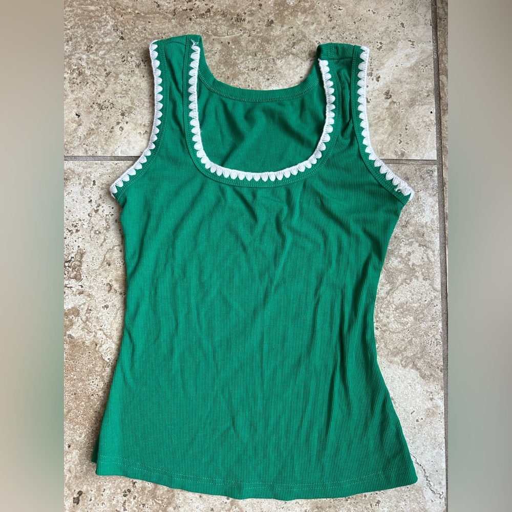 Green Sleeveless Top with White Trim